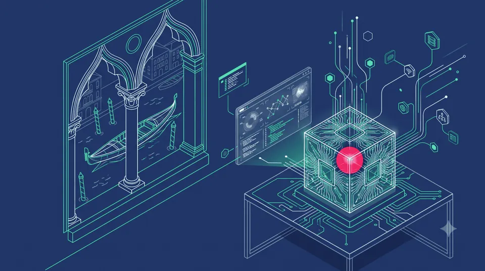 Illustrazione: un server di intelligenza artificiale accanto a una finestra gotica affacciata su un canale di Venezia