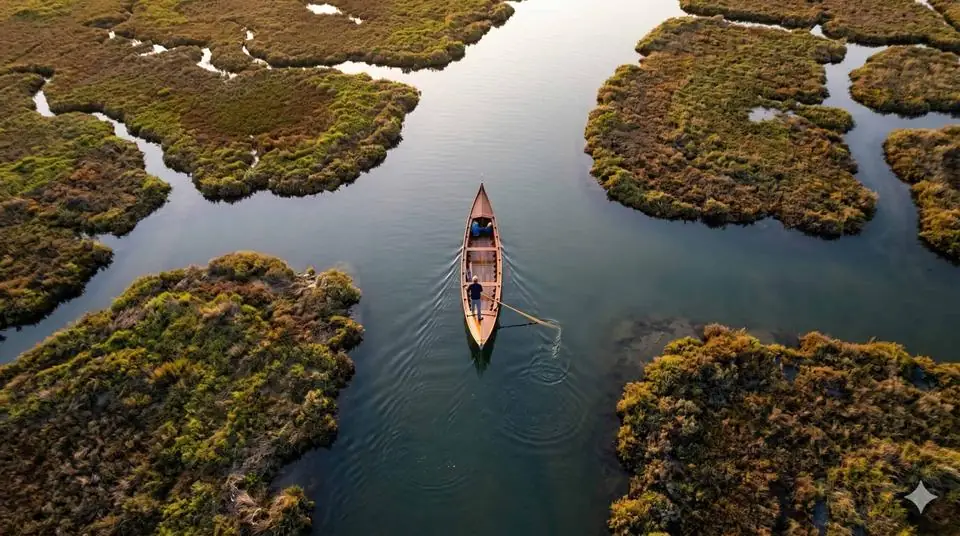 Una barca a remi tra le barene della laguna, vista dall’alto
