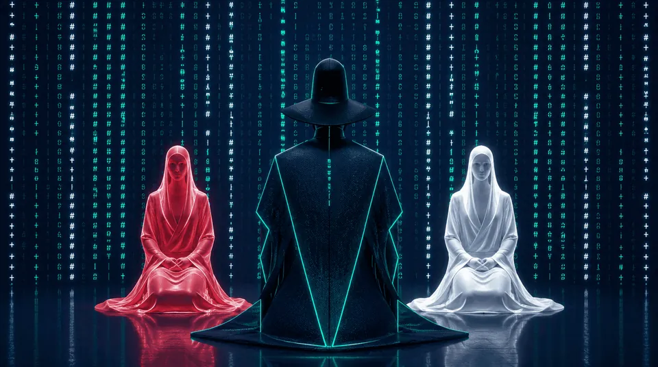 Illustrazione: tre figure incappucciate sedute davanti a colonne di codice