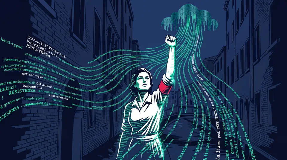 Illustrazione: una partigiana con il pugno alzato in una calle, avvolta da righe di testo digitalizzato